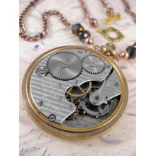 Vintage Pocket Watch movement Steampunk Necklace in Coppper and Teal
