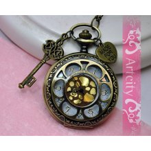 Vintage Style Sunflower Golden Dial Pocket Watch Necklace, with heart and Key