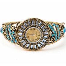 Vtg Inspired Rhinestone Crystal Smart Hollow Cuff Blue Watch Bracelet 7