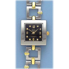 Watch Silver tone square black face with gold hands and hour markers gold accents on band