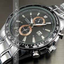 Water Quartz Hour Dial Date Black Clock Sport Men Steel Wrist Watch Ah148
