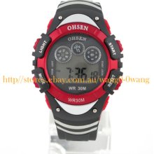 Waterproof 7 Colors Backlight Digital Alarm Mens Boys Sport Watch Red Ohsen