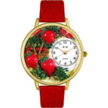 Whimsical Watches Mid-Size Japanese Quartz Strawberries Red Leather Strap Watch