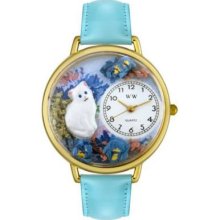 Whimsical Watches Mid-Size White Cat Quartz Movement Miniature Detail Baby Blue Leather Strap Watch