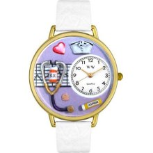 Whimsical Watches Unisex Nurse Purple White Skin Leather and Gold Tone Watch