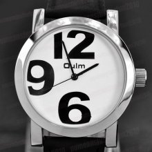 White Big Dial Leather Strap Quartz Women Ladies Wrist Watch Concise Design