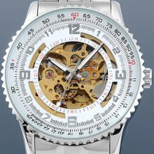 White Dial Mens Automatic Auto Mechanical Skeleton Sport Watch Silver Steel Band