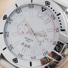White Elegant Style Leather Big Dial Boys Mens Quartz Wristwatch With Battery Na