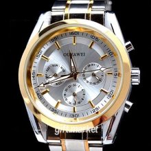 White Gold Tone Day Date Automatica Mechanical Mens Steel Band Wrist Watch