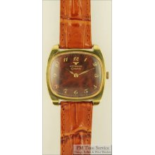 Wittnauer 17J vintage wrist watch, gold-toned & stainless steel smooth polish case, unusual faux-wood pattern dial