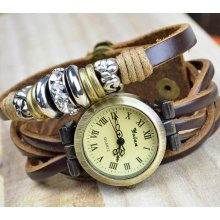 Women Leather Wrap Bracelet Watch with White Rhinestones and Bead