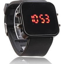 Women Men Unisex Jumbo Silicone Band Sports Square Mirror Led Wrist Watch Black