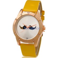 Women's Beard Pattern Round Dial Analog Watch with Faux Leather Strap (Yellow)