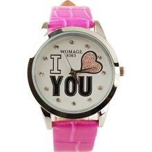 You I Love Pattern PU Leather Band Cute Quartz Lady's Wrist Watch - Rose Red