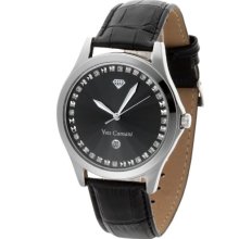 Yves Camani Men's Quartz Watch Silver Big Twinkle Schwarz/Schwarz Yc1028-D With Leather Strap