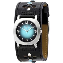 Zou Zou Blue and Black Dial Black Faux Leather Cuff Strap Ladies Watch