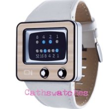 01 The One Tv Tv228b1 Men's Binary Display White Leather Strap Watch