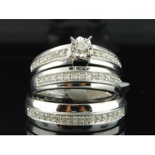 10k Mens Ladies White Gold Diamond Engagement Ring Wedding Band Trio Bridal Set