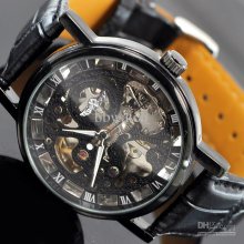 1pcs Black Mechanical Watch Mens Classic Elegant Skeleton Watch Auto