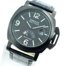 44mm Parnis Pvd Case Black Dial Power Reserve Auto Mens Watch P-225