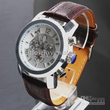 4pcs Pack Silvery Dial Case Day Date Dark Red Brown Leather Mechanic