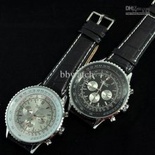 5pcs Real Sub-dial Black Leather Strap Fashion Watch Automatic Mecha