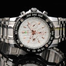 6 Hands Luxury White Day Date 12/24 Hours Swiss Mens Steel Band Wrist Watch
