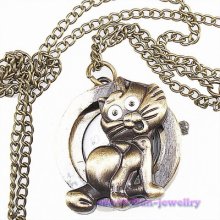 6x 403092 Cute Style Cat Shape Vintage Bronze Pocket Watch 80cm Chain