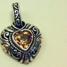 925 Sterling Silver & 18K Gold with Citrine Bali Heart Pendant - Gold - Citrine