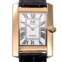 Ak-homme Genuine Leather Square Case Slim Quartz Mens Ladies Watch