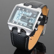 â˜… Ak-sport â˜… Men's Black Leather Dual Core Movement Date Alarm Sport Wrist Watch