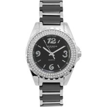 Akribos Ladies Crystal Midnight Black Ceramic Silver Tone Quartz Watch
