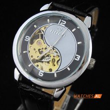 Ancient Symbol Hollow Dial Men's Automatic Mechanical Black Leather Wrist Watch