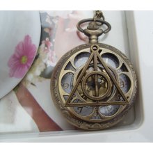 Antique pocket watch sweater chain necklace Hollow Harry Potter and the Deathly Hallows Gold dial Bronze vintage jewelry