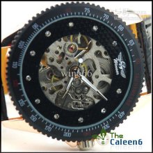 Automatic Mechanical Watch Leather Hollow Menwatch6pc/lot Wy8028