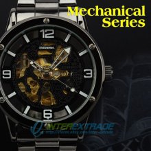 Automatic Skeleton Mechanical Stainles Steel Business Men Wrist Watch +gift Box