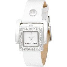 Bcbg Womens Arabesque Stainless Steel Case Crystal Bezel White Leather Watch