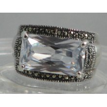 Beautiful Sterling Silver, Marcasite And Clear Cz Ring Sz 7 3/4