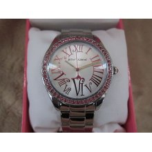Betsey Johnson Bj004830 Pink Crystal Embellished Silvertone Bling Time Watch Nwb