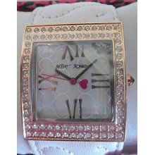 Betsey Johnson Cuff Bracelet Watch White Leather Rose Gold Swarovski Bj00079-03