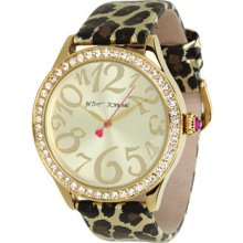 Betsey Johnson Print Gold Tone Case with Leopard Printed Leather Strap Watch