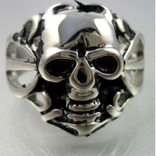 Biker Mens Black Silver Stainless Steel Skull Hollowed Ring