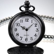 Black Case Men's Quartz Pendant Pocket Watch With Chain