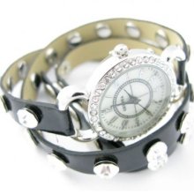 Black Leather Clear Crystal Studded Wrap Watch