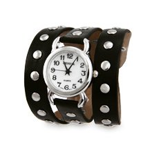 Black Leather Silver Studded Wrap Watch