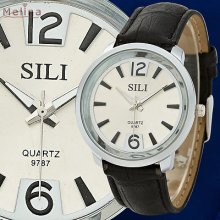 Black Pu Strap Leather White Dial Quartz Gentle Men's Unisex Concise Wrist Watch