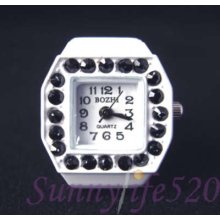 Black Rhinestones Stainless Steel Mens Women Ring Watch