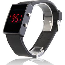 Black Silicone Band Mirror Red Face LED Sports Wrist Watch