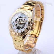 Brand New Men White Skeleton Dial Mechanical Gold Stainless Automati Brand New Men White Skeleton Dial Mechanical Gold Stainless Automati