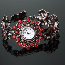 Bronze Red Diamond Women Girls' Alloy Quartz Lily Macrame Wrist Watch